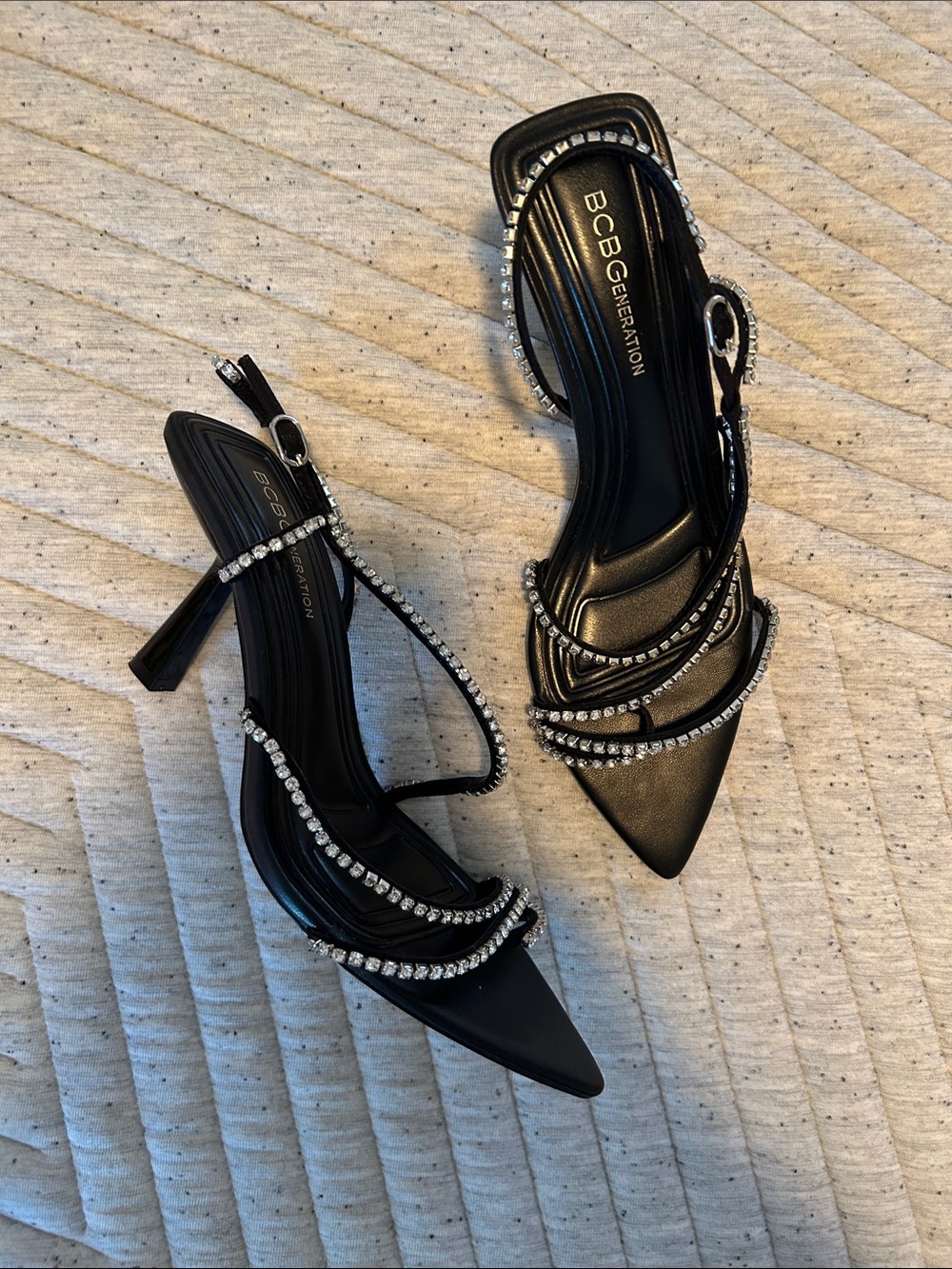 BCBGeneration Black Rhinestone Strappy Pointed Toe Heels